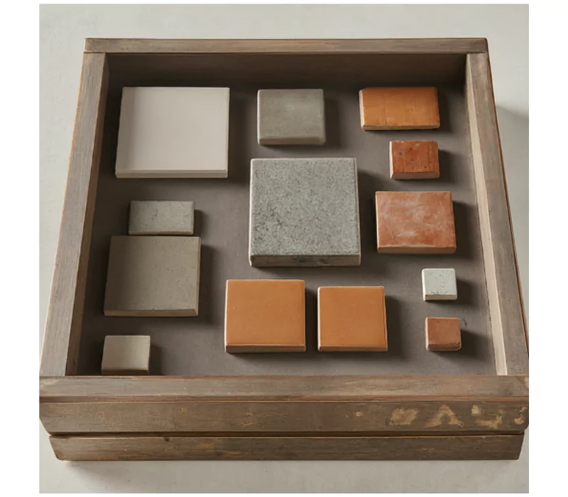 Boîte remplie de carreaux carrés de différentes tailles